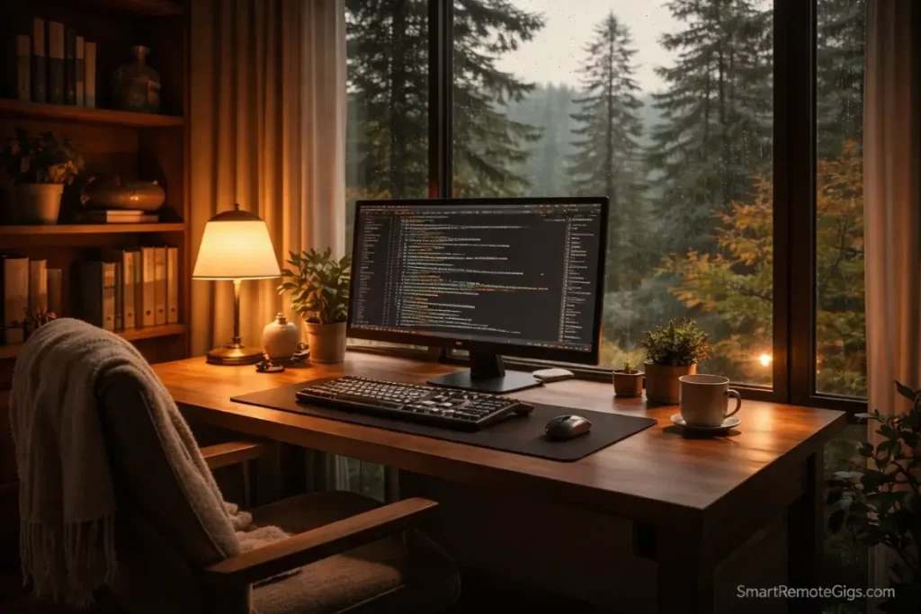 A cozy, isolated home office overlooking a rainy forest, perfect for deep focus work.
