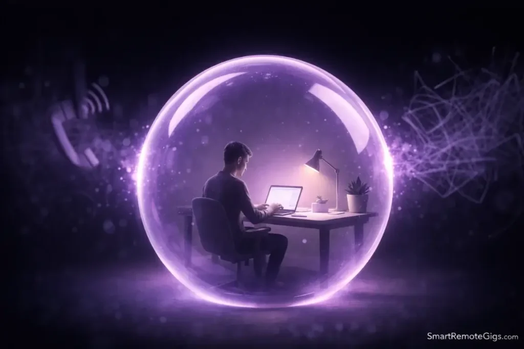 A worker inside a protective silence bubble, illustrating the focus required for writing and editing jobs.