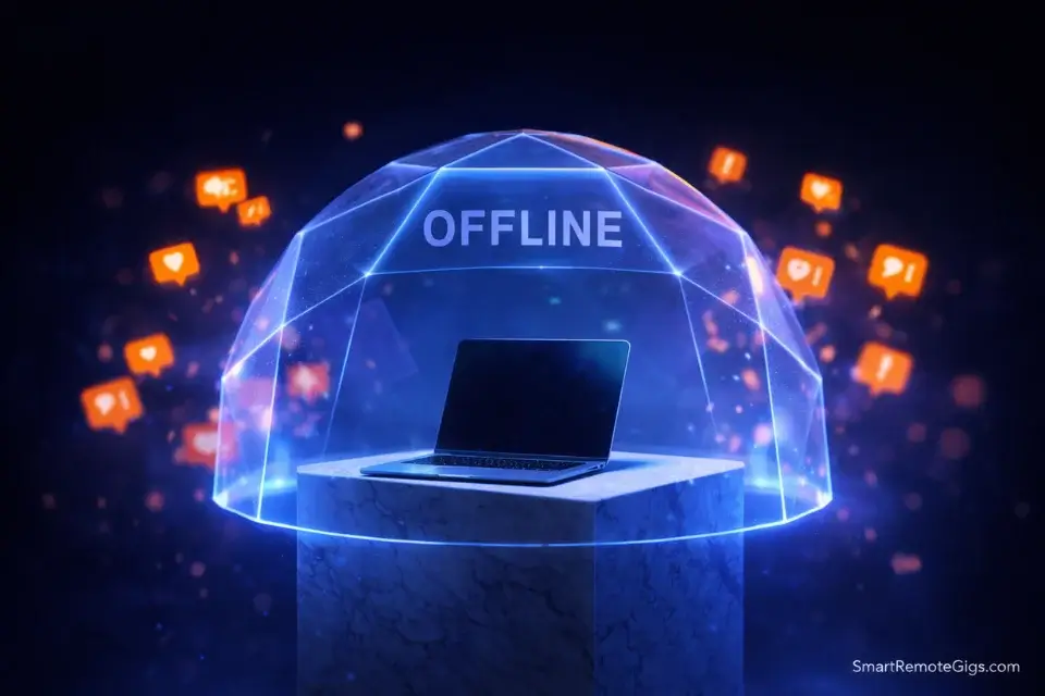 A metaphorical glass dome protecting a laptop from digital notifications.