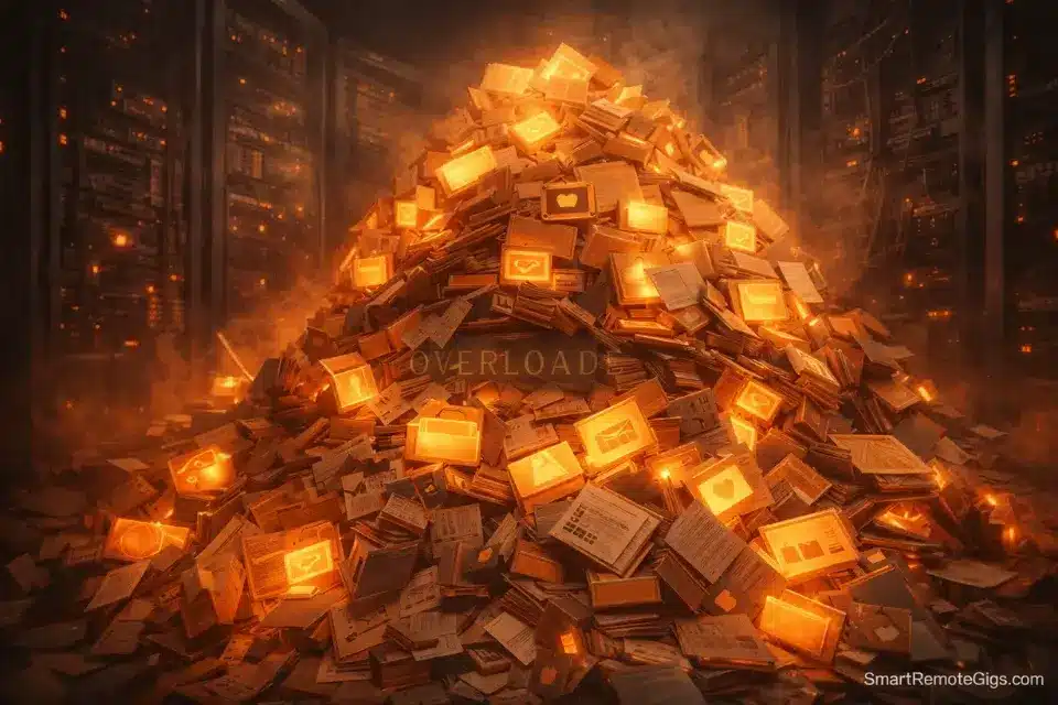 Visual metaphor for digital hoarding showing a pile of unorganized files.