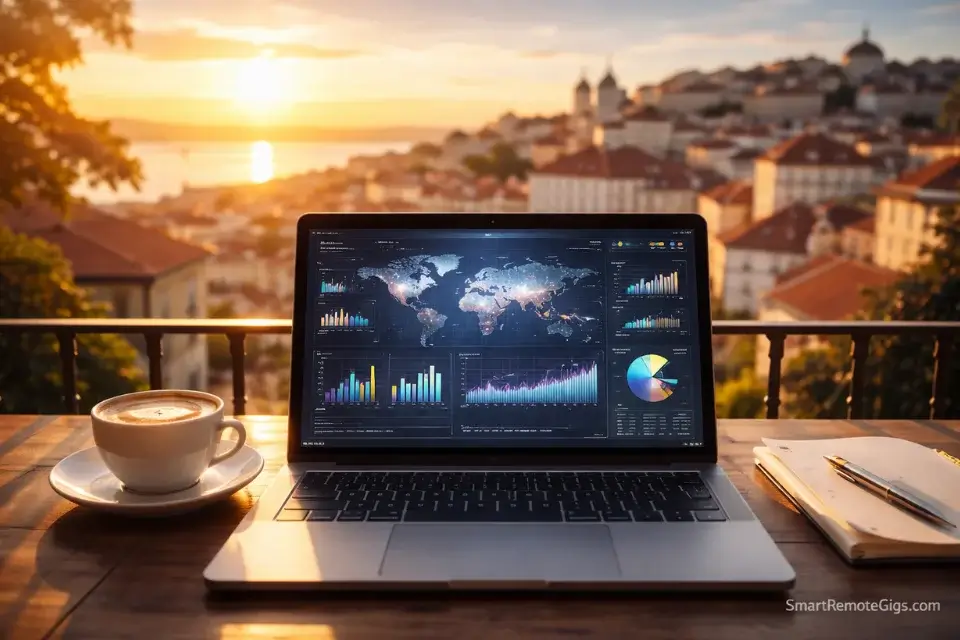 Digital nomad workspace with a view of Lisbon, working on data analytics during sunset.