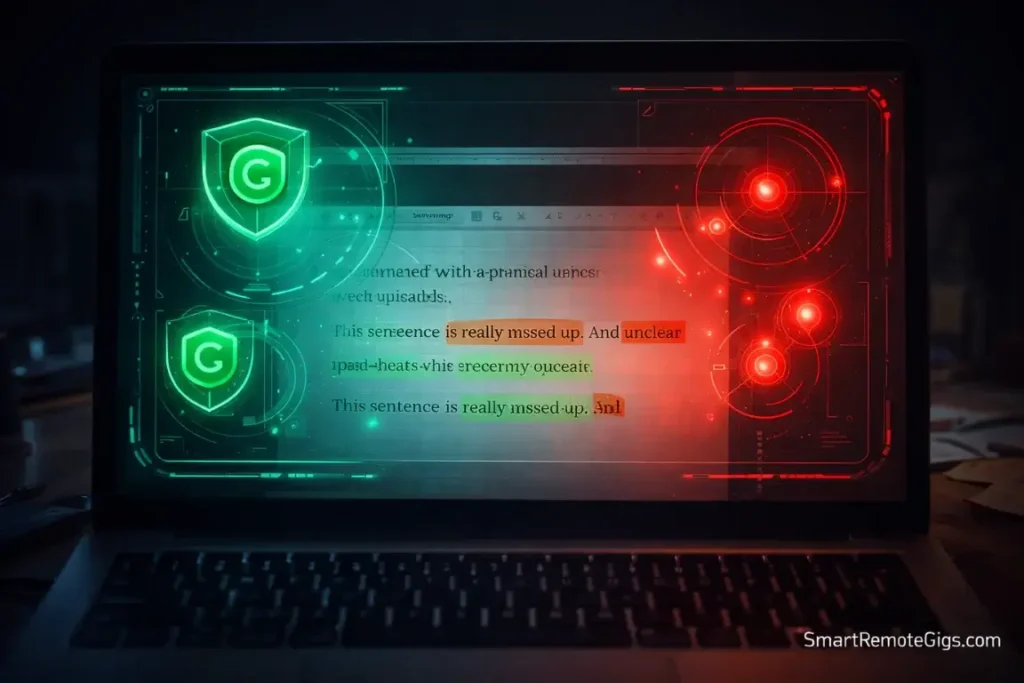 A high-tech visualization of grammar checking software scanning a document.