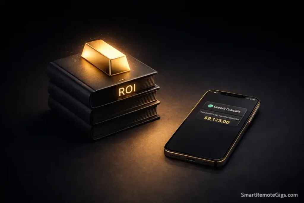 A stack of books supporting a gold bar, symbolizing the high return on investment for an English degree.