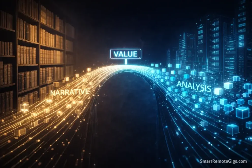 A conceptual bridge showing the transition of literary skills into digital business value.