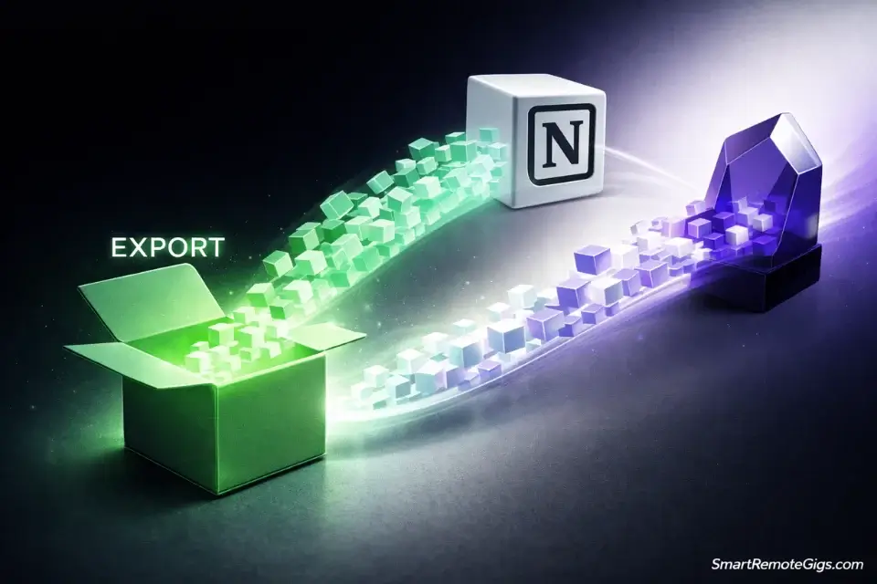 Visual metaphor for exporting data from Evernote to Notion or Obsidian.