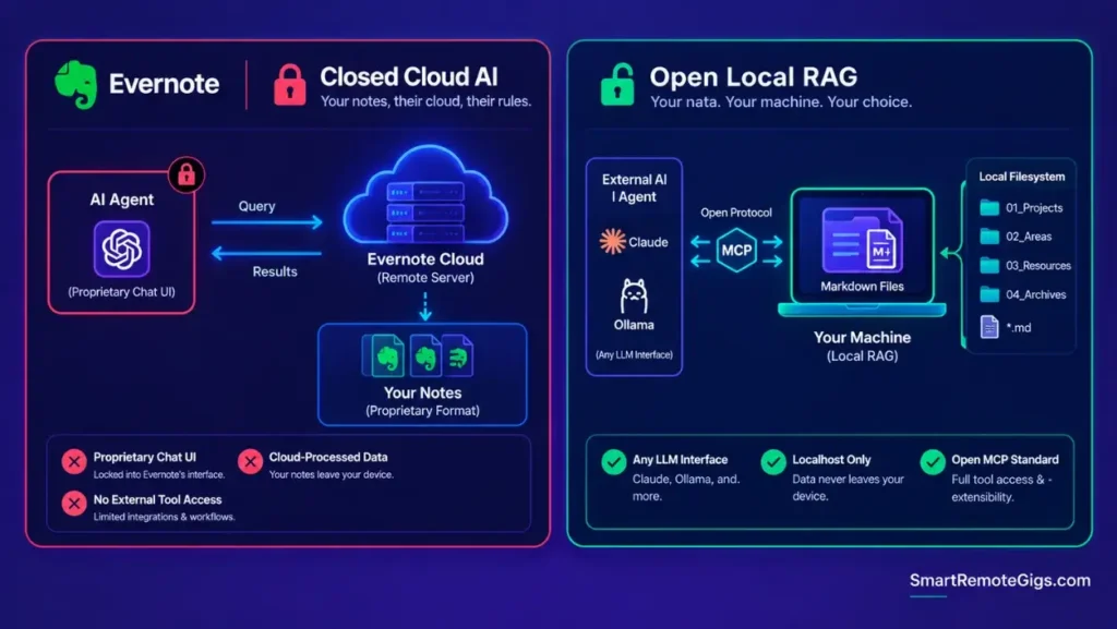 Diagram comparing Evernote's closed cloud AI architecture with an open local RAG system for sovereign note retrieval.