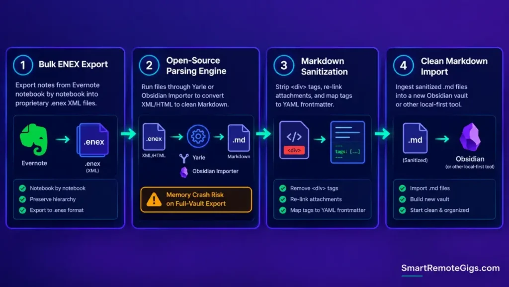 Infographic showing the 4-step migration pipeline from Evernote ENEX export to sanitized Markdown import.