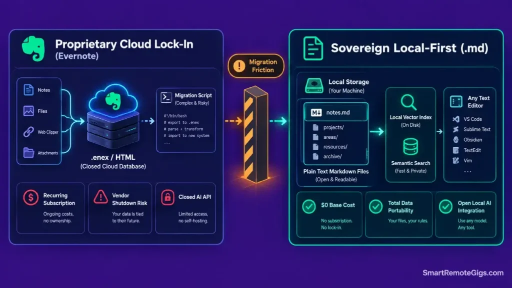 Architecture diagram comparing the proprietary cloud lock-in of Evernote with the data sovereignty of local-first Markdown.