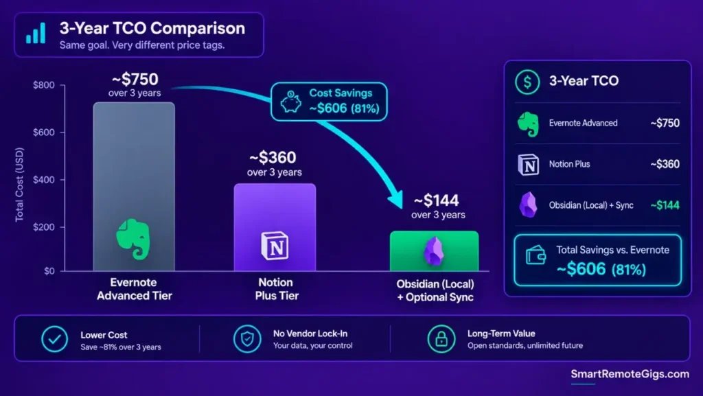 Total Cost of Ownership comparison showing the 3-year subscription costs of Evernote Advanced, Notion Plus, and Obsidian.