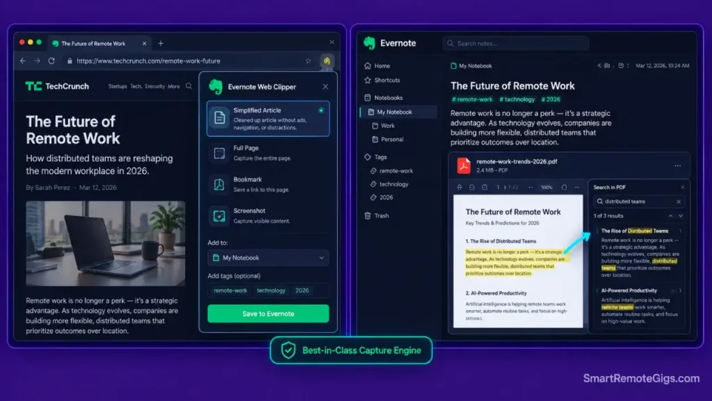 Evernote web clipper capturing a simplified article view and demonstrating searchable server-side OCR on an attached PDF document.