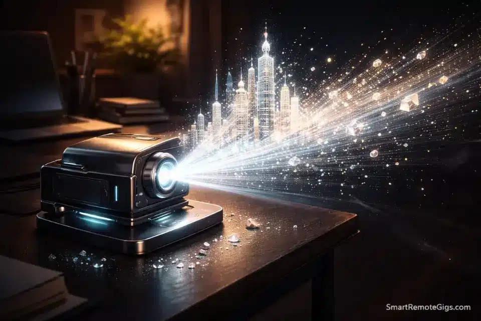 A holographic projector displaying a creative project, representing the Express phase.