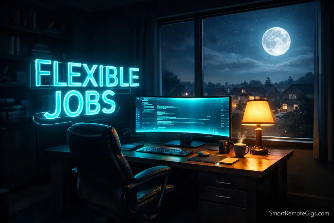 A cinematic home office setup at night with a 3D light-sculpture title for flexible remote jobs.