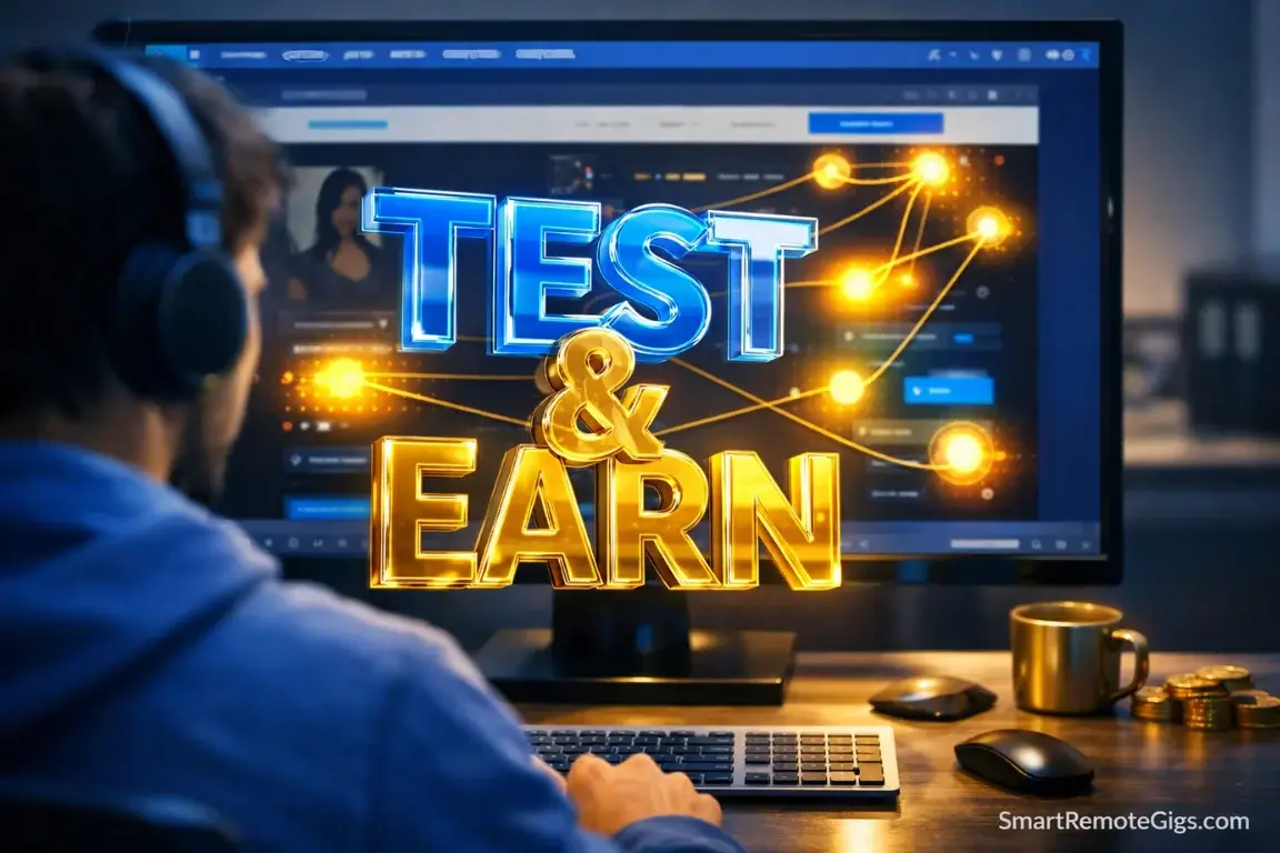 A professional workspace showing website testing analysis with the text "TEST & EARN".