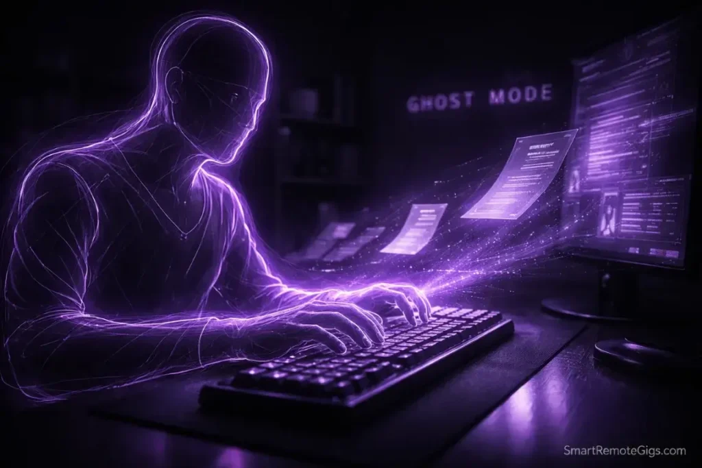 A stylized visual of a worker in "Ghost Mode," typing efficiently without being seen.