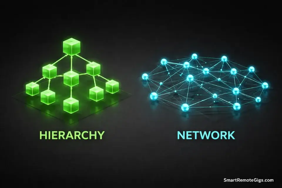 3D visualization contrasting hierarchical folder structures with flat networked structures.