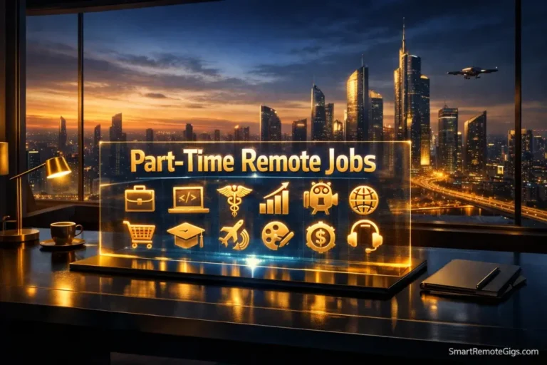 A premium remote office with 3D holographic text showcasing 15 high-paying jobs for 2026.