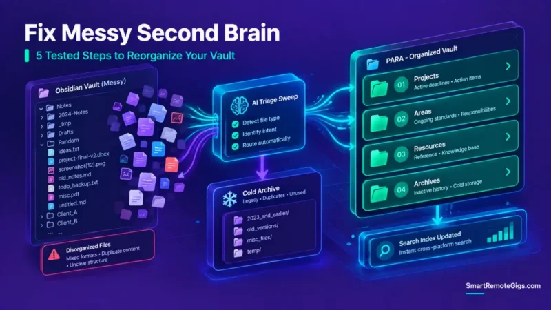 How to organize second brain 2026 showing 5 clean-up steps, cold archive sweep, and flat PARA restructuring.