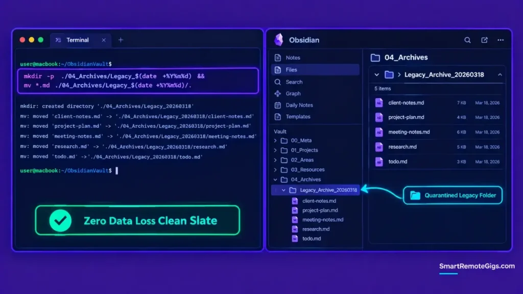 Terminal shell command and Obsidian directory setup executing a cold archive sweep of legacy notes into a quarantine folder.