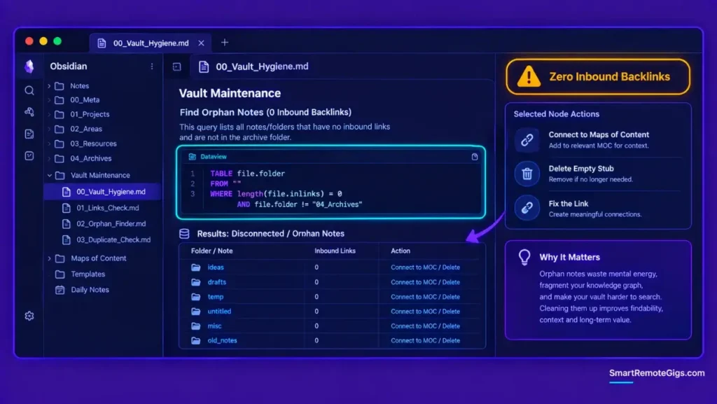 Obsidian Dataview DQL query identifying orphan markdown notes with zero incoming links for automated vault link cleanup.