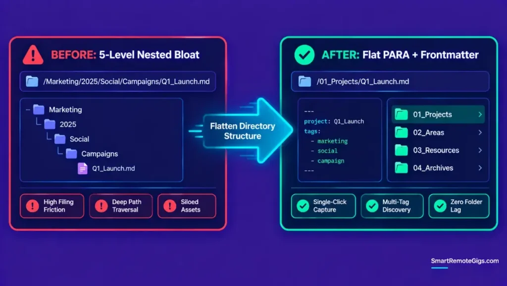 Before and after infographic showing the transition from 5-level nested folders to flat PARA root directories with YAML frontmatter tags.
