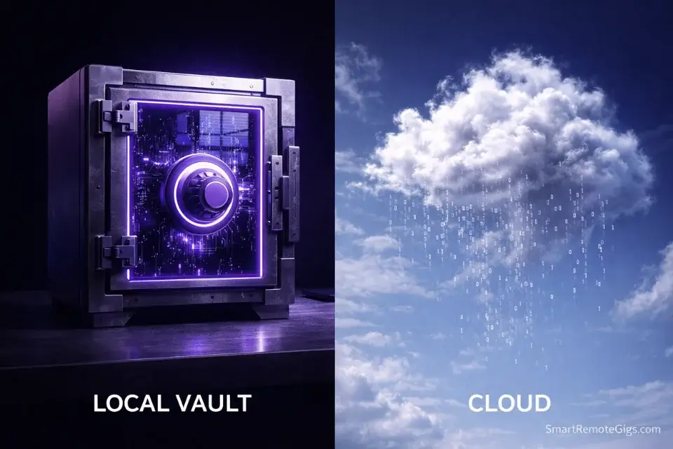 Visual metaphor comparing a secure local hard drive vault to fragile cloud storage.