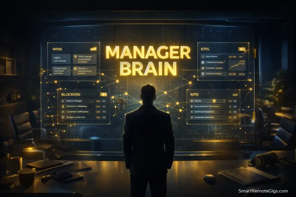 A futuristic executive command center representing a manager's second brain dashboard.
