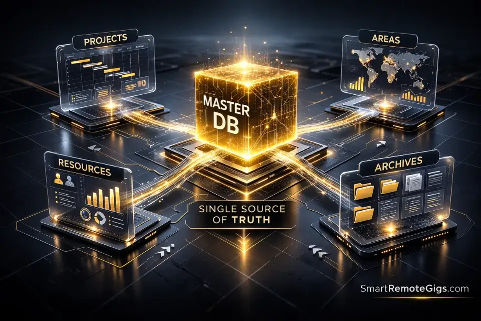 3D diagram showing how one Master Database feeds into Projects, Areas, Resources, and Archives views.