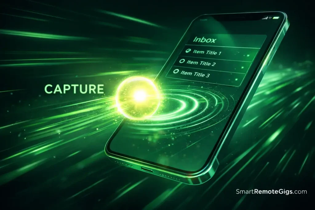 Visual representation of quickly capturing ideas into a Notion mobile inbox.