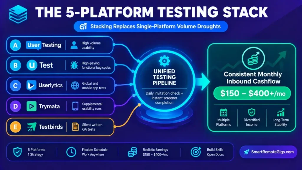 Workflow diagram demonstrating how to stack five website testing platforms for consistent monthly freelance income.
