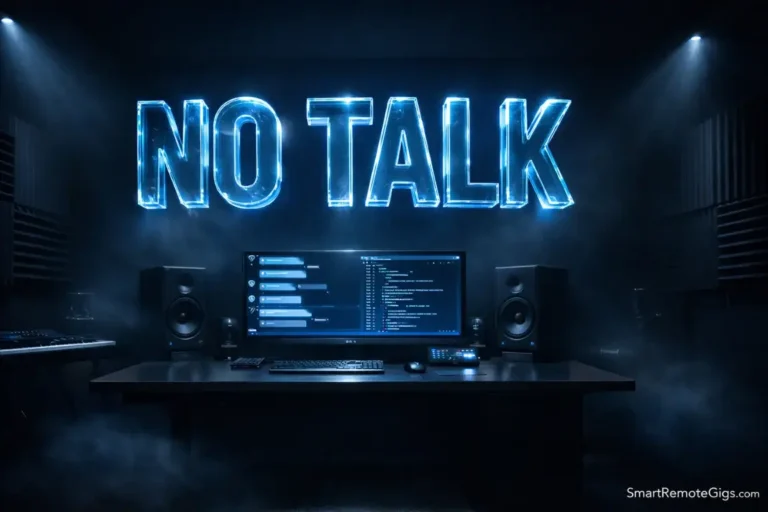 A futuristic, silent home office workspace featuring the text "NO TALK," symbolizing non-phone remote jobs.