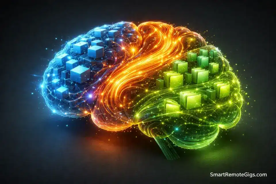 A digital brain visualization showing different thinking styles for choosing a note-taking app.