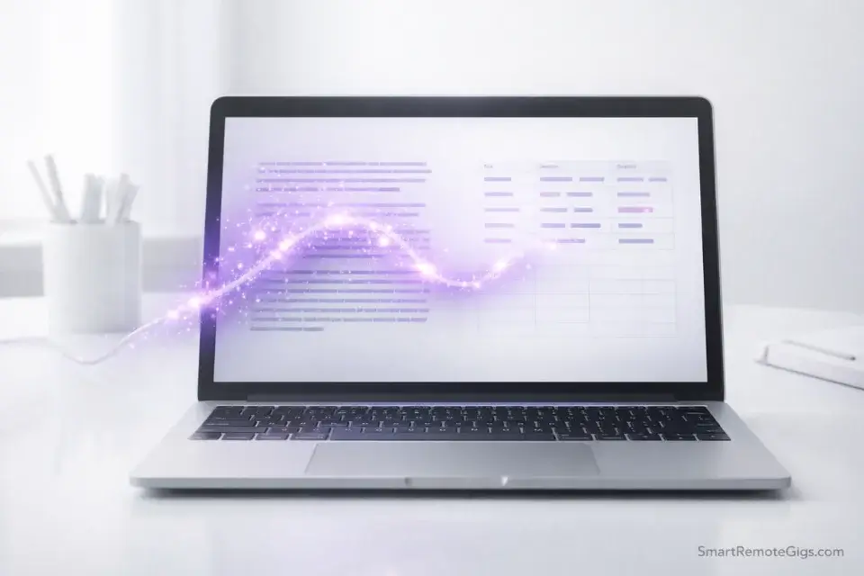 Artificial intelligence weaving through text to organize notes on a laptop screen.