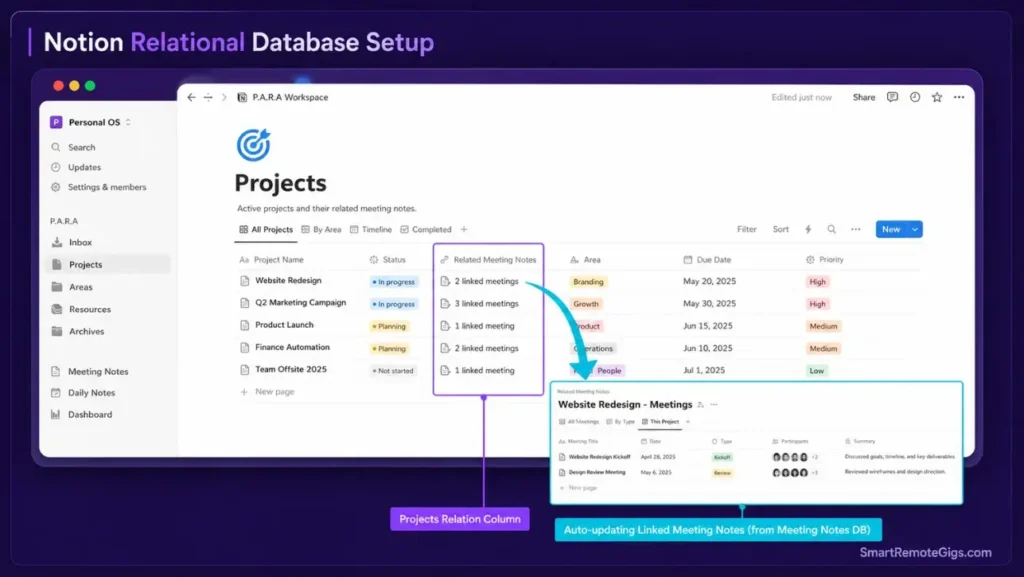 Annotated screenshot of a Notion database showing structural relations between active projects and meeting templates.