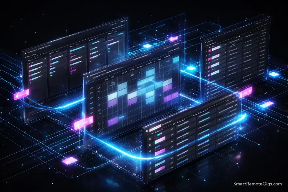 A 3D visualization of Notion databases transforming between Kanban, Calendar, and Table views.