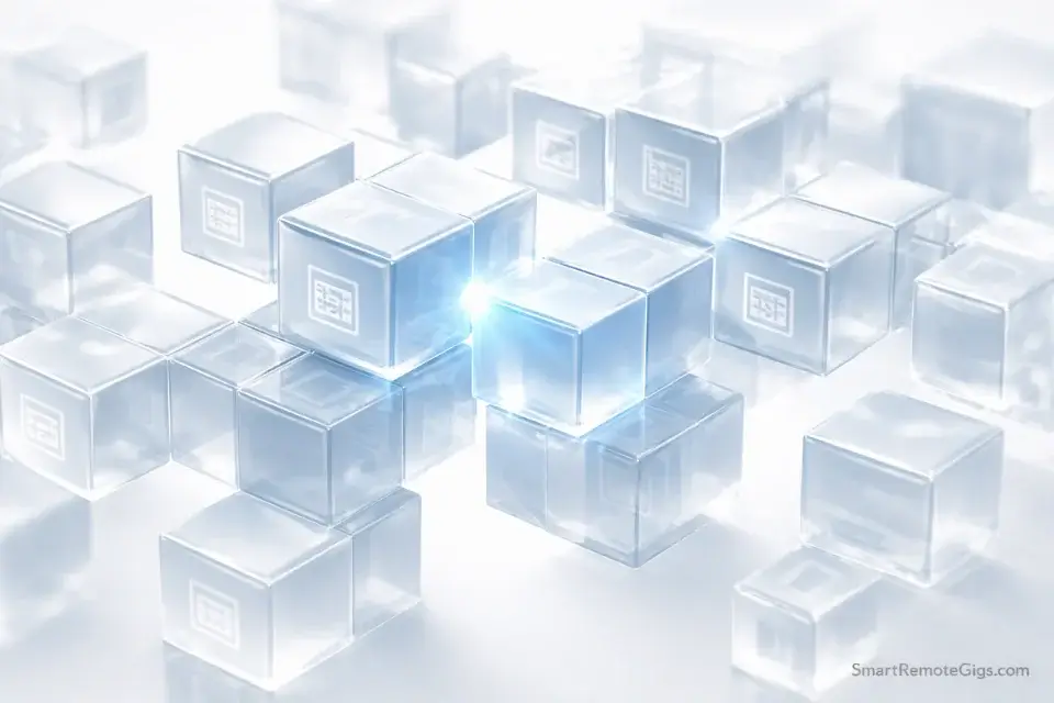 Glowing digital building blocks connecting to form a structured workspace.