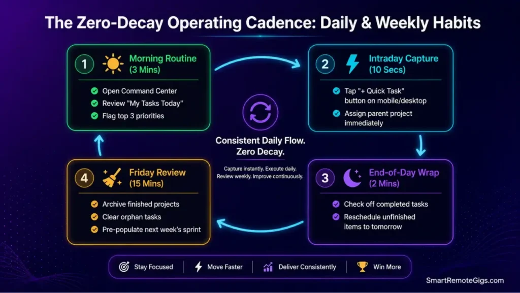 Flowchart illustrating the daily and weekly operating cadence to maintain a Notion project management system and prevent task decay.