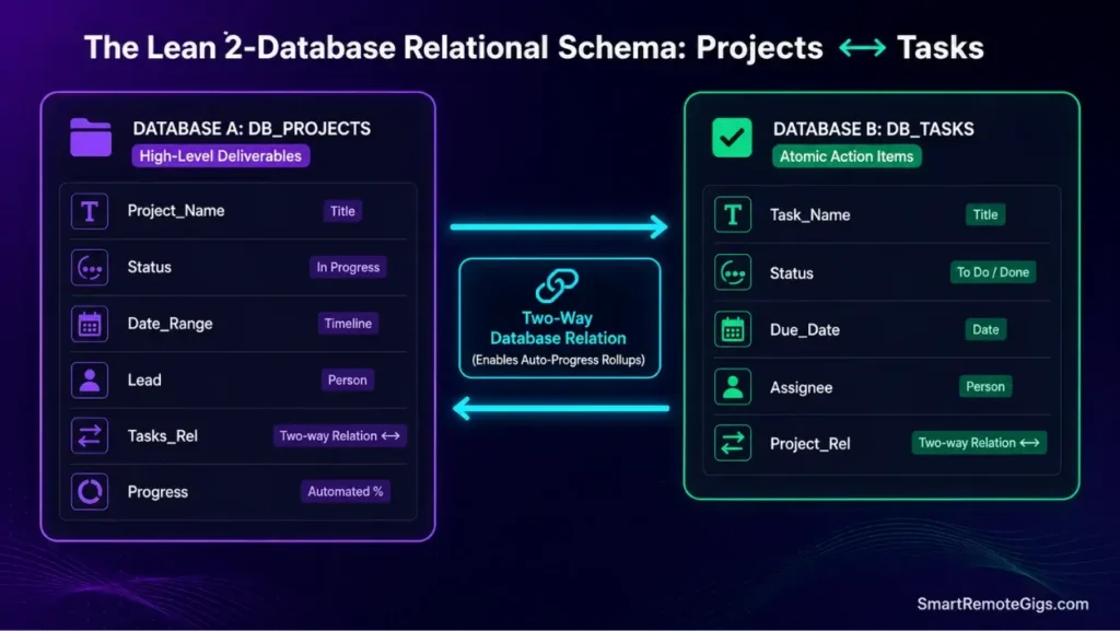 Diagram showing the two-way relational database schema between projects and tasks in Notion for project management.