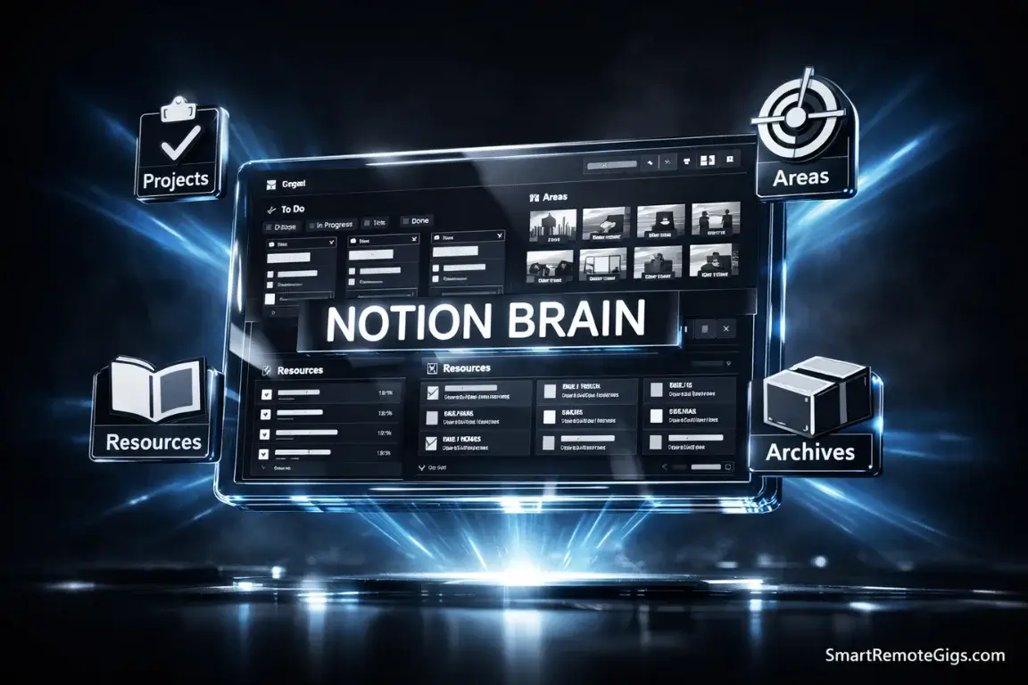 A futuristic 3D visualization of a Notion Second Brain dashboard template for 2026.