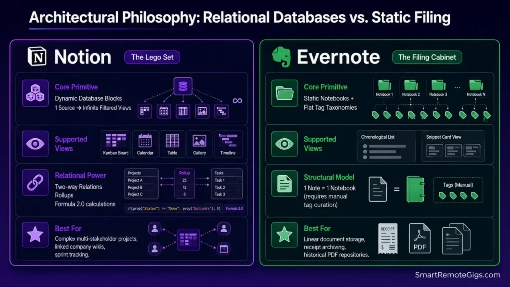 Infographic comparing Notion relational database blocks and multiple views with Evernote static notebooks and tags.