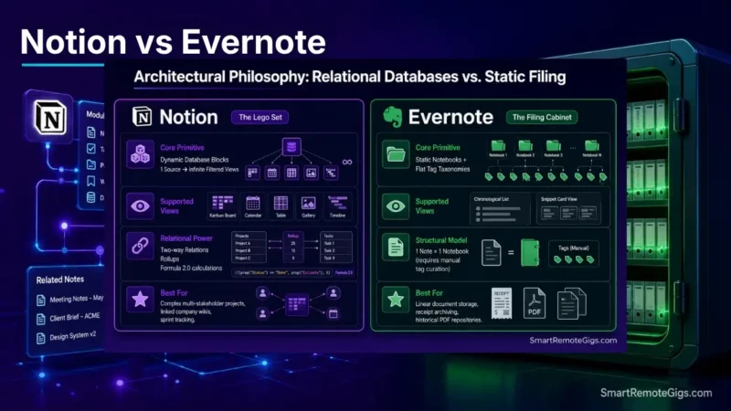 Notion vs Evernote 2026 comparison guide hero visual showing modular relational databases contrasting with document archival systems.