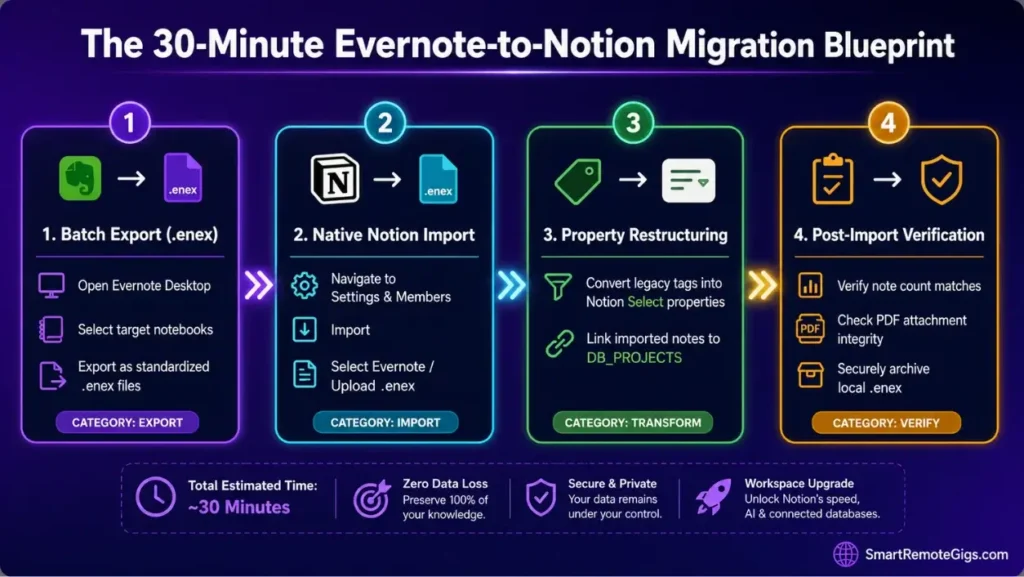 Step-by-step infographic showing how to export Evernote notebooks as ENEX files and import them into Notion databases.