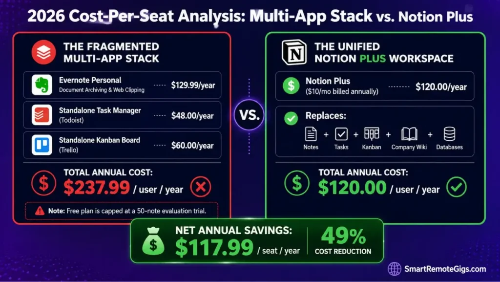 Infographic calculating software pricing and ROI comparing Evernote standalone archiving costs against a consolidated Notion Plus workspace.
