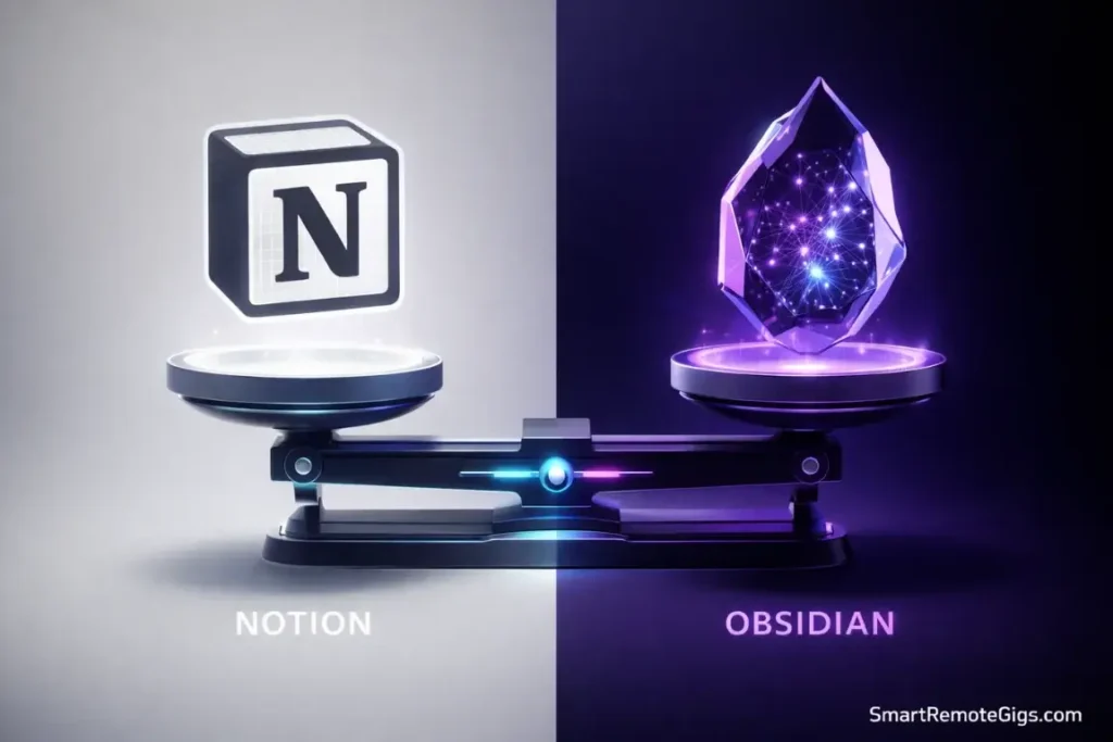 A visual comparison of Notion and Obsidian logos represented as 3D objects.