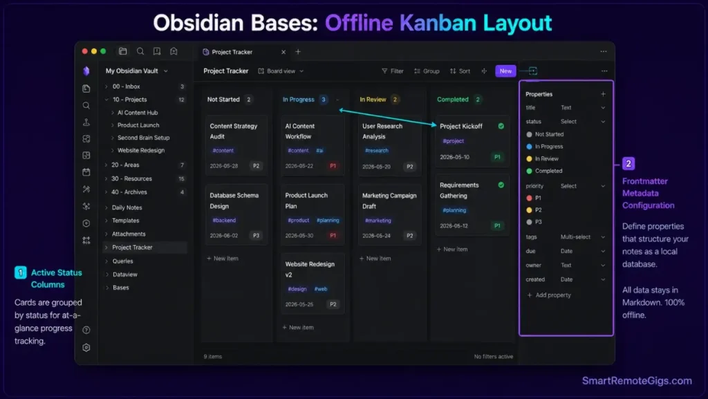 Screenshot of Obsidian Bases feature organizing local markdown notes into a Notion-style Kanban board.