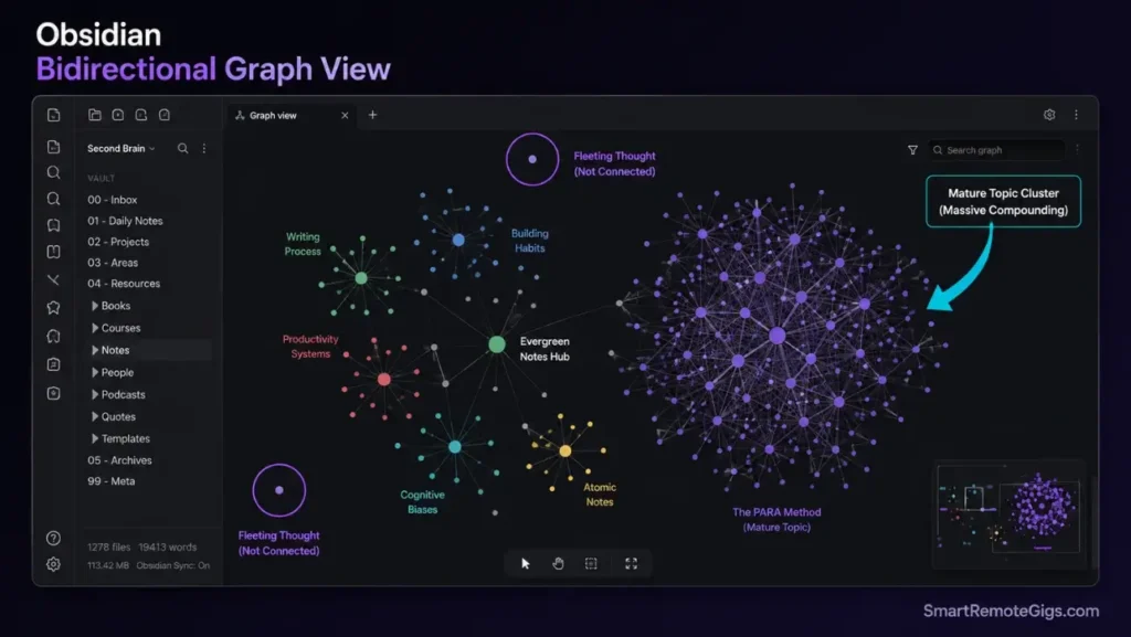 Dark UI screenshot of Obsidian's graph view mapping note links in a local Zettelkasten second brain vault.
