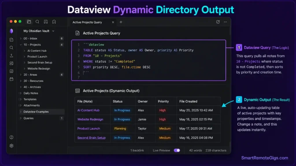 Annotated view of an Obsidian editor showcasing how Dataview plugin queries generate dynamic databases in real time.