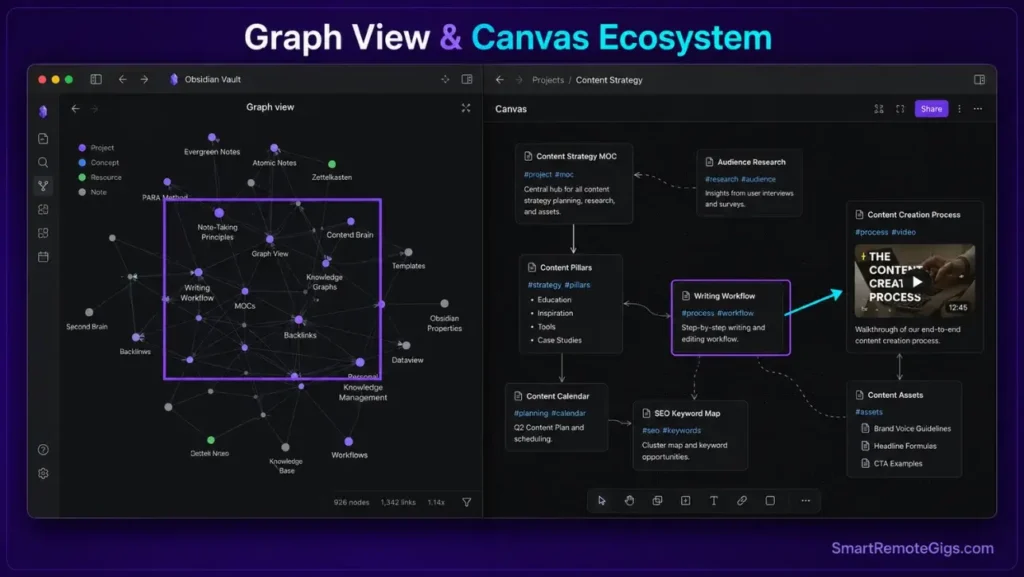 Annotated screenshot displaying a complex Obsidian Graph View alongside an active project planning Canvas board in dark mode.