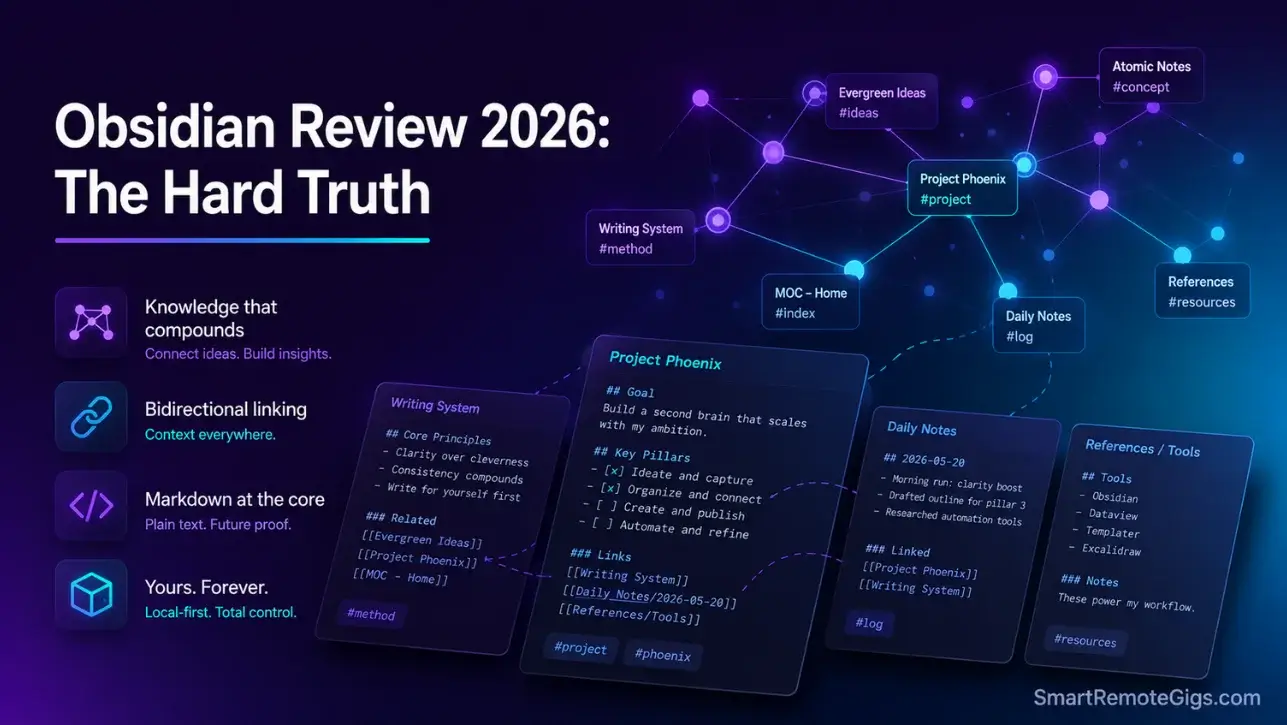 An editorial header graphic for the Obsidian 2026 review, featuring interconnected knowledge graphs and Markdown document panels in a dark SaaS environment.