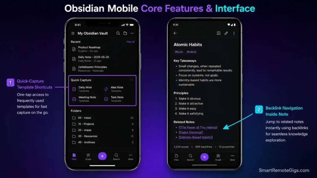 Mobile screenshots showing Obsidian's workspace on iOS and Android devices, focusing on quick-capture tools and navigation.