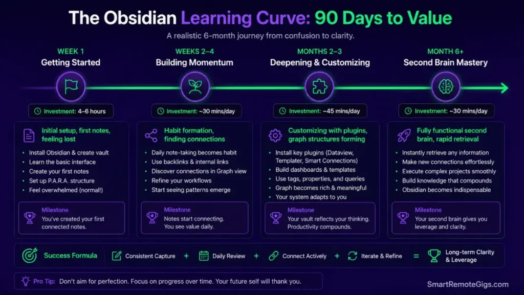 Timeline graphic depicting a new user's progress through the Obsidian learning curve and setup process over 90 days.